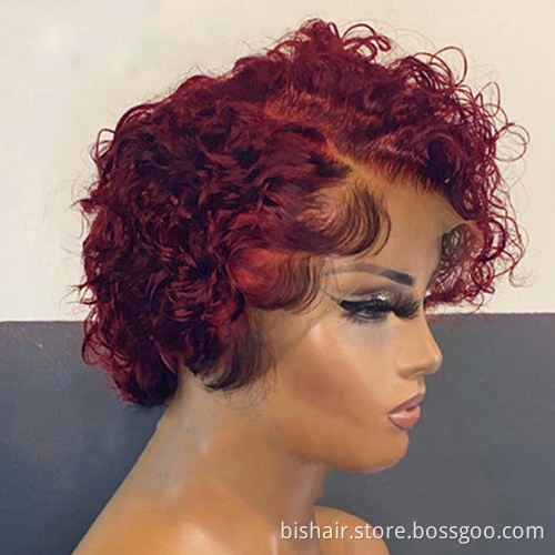 Wholesale Short Pixie Cut Curly Brazilian Human Hair Bob Wig 99j Red Burgundy Colored Transparent 13X4 Lace Frontal Wig